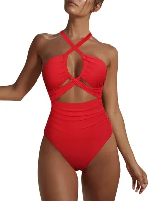 Hilor Women's One Piece Swimsuit Sexy Cutout Halter Bathing Suits Crossover High Cut Monokini Swimwear