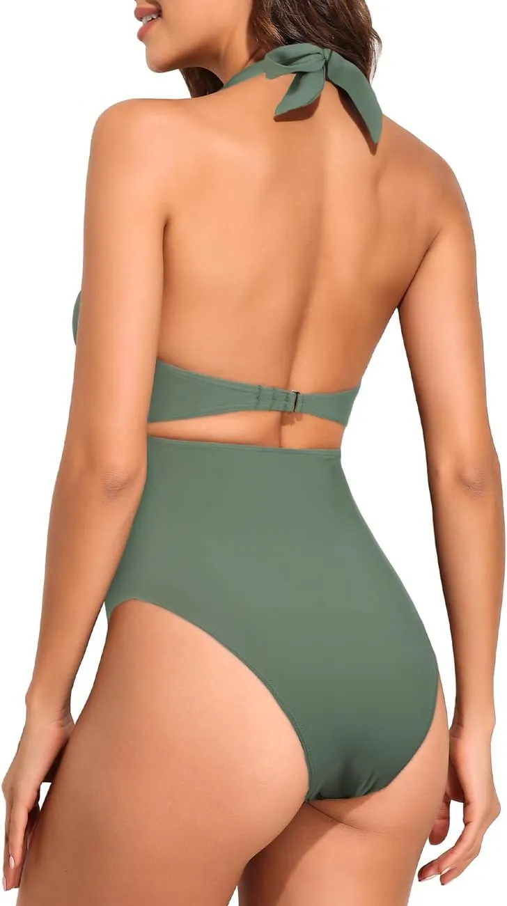 Hilor Women's One Piece Swimsuit Sexy Cutout Halter Bathing Suits Crossover High Cut Monokini Swimwear