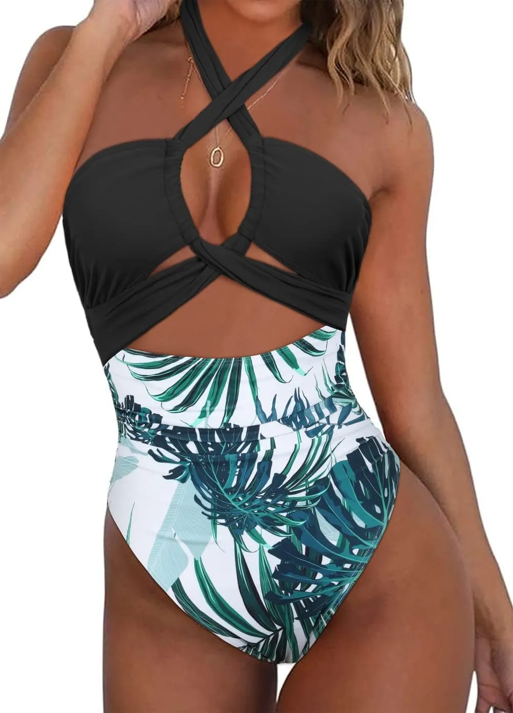 Hilor Women's One Piece Swimsuit Sexy Cutout Halter Bathing Suits Crossover High Cut Monokini Swimwear