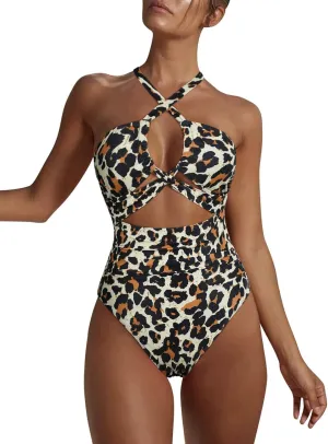 Hilor Women's One Piece Swimsuit Sexy Cutout Halter Bathing Suits Crossover High Cut Monokini Swimwear