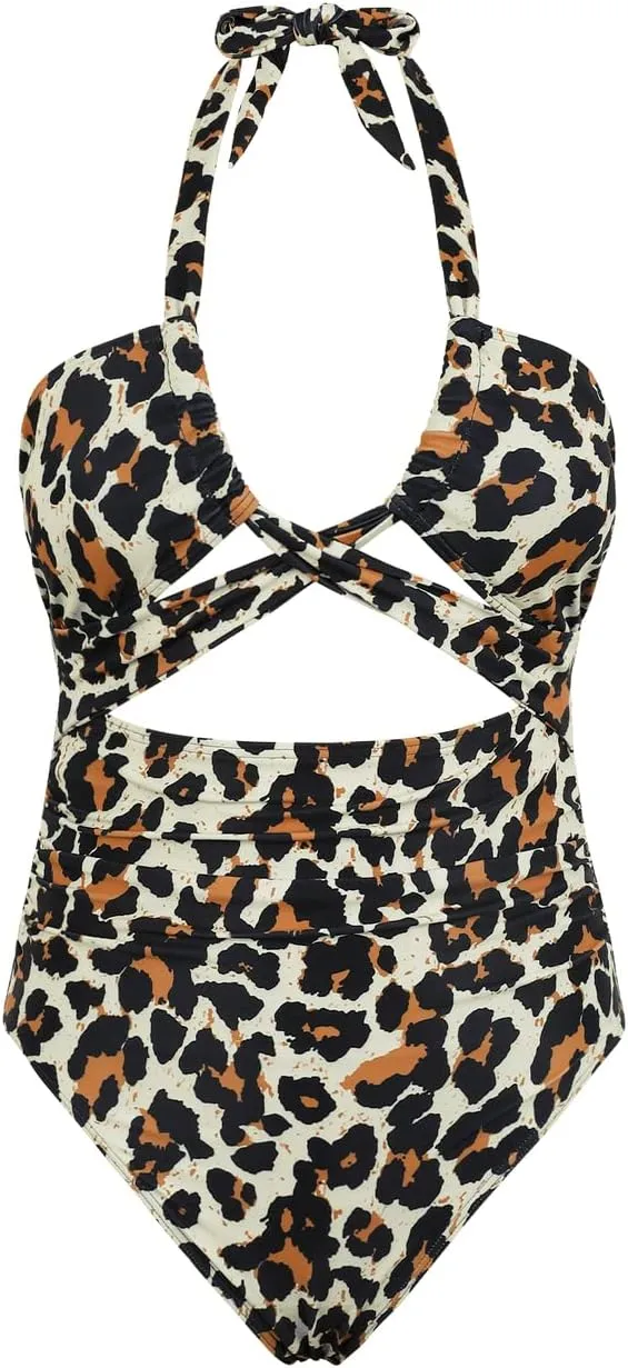 Hilor Women's One Piece Swimsuit Sexy Cutout Halter Bathing Suits Crossover High Cut Monokini Swimwear