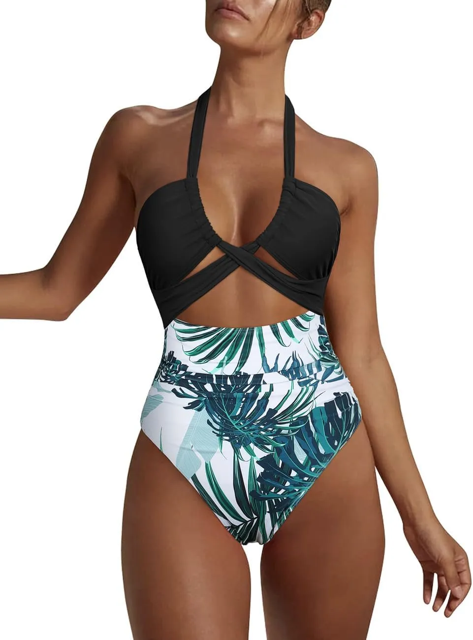 Hilor Women's One Piece Swimsuit Sexy Cutout Halter Bathing Suits Crossover High Cut Monokini Swimwear