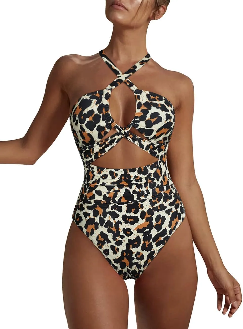 Hilor Women's One Piece Swimsuit Sexy Cutout Halter Bathing Suits Crossover High Cut Monokini Swimwear