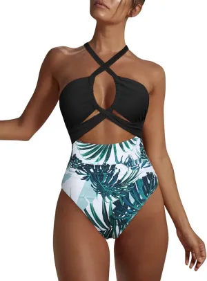 Hilor Women's One Piece Swimsuit Sexy Cutout Halter Bathing Suits Crossover High Cut Monokini Swimwear