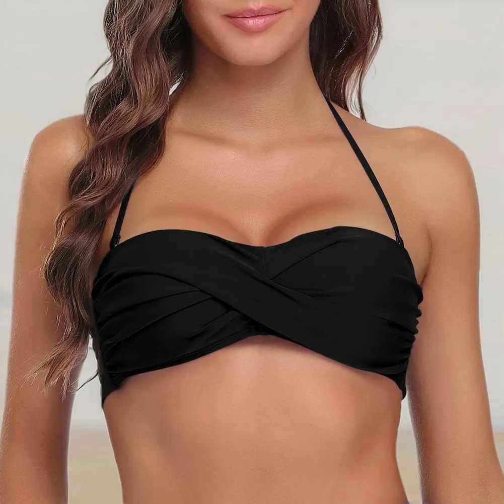 Hilor Women's Strapless Bandeau Bikini Top Halter Swimsuits Twist Push Up Bathing Suits Swim Tops