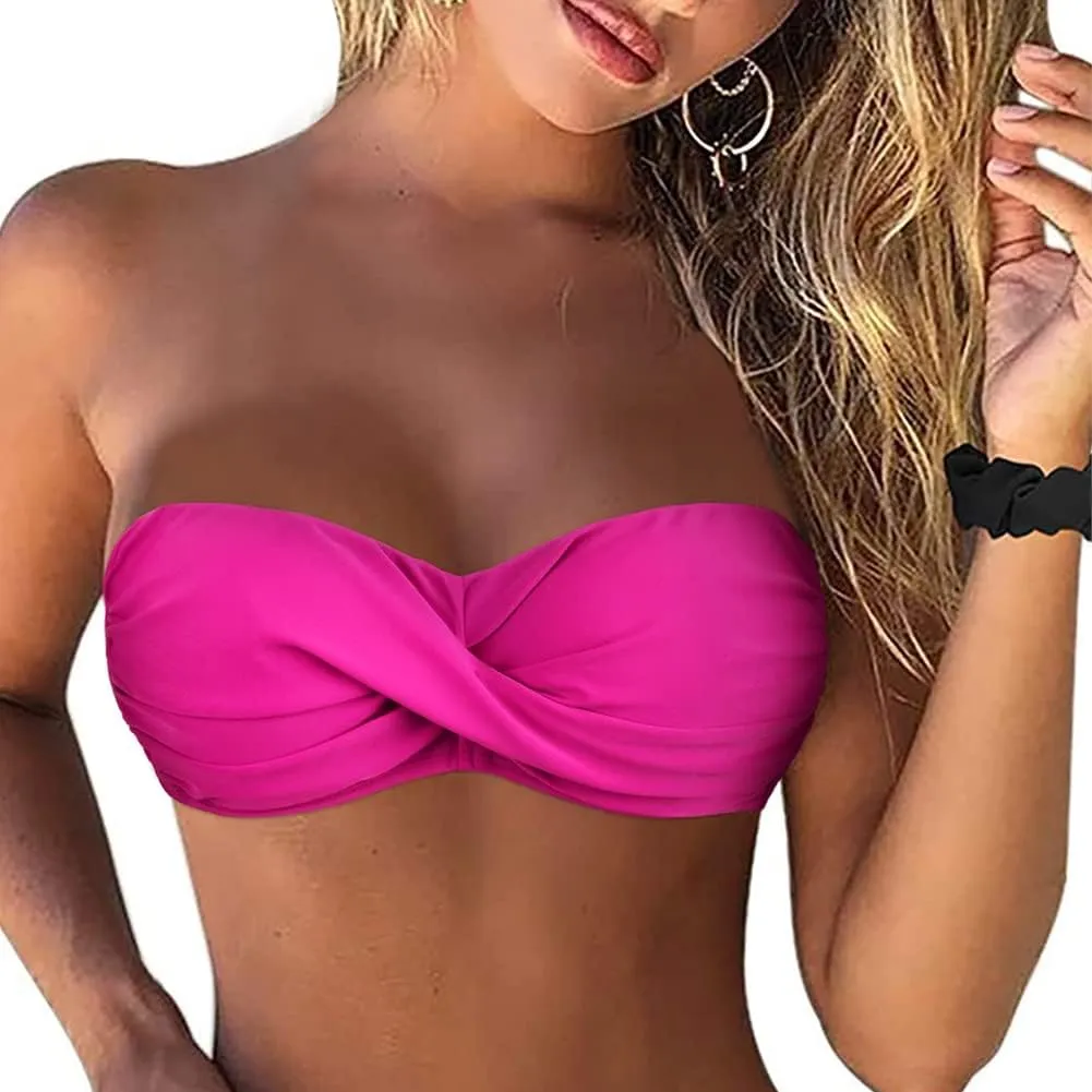 Hilor Women's Strapless Bandeau Bikini Top Halter Swimsuits Twist Push Up Bathing Suits Swim Tops