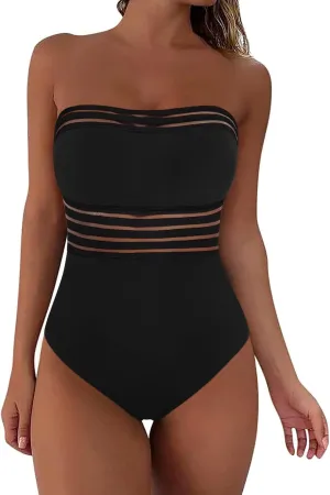 Hilor Women's Strapless One Piece Swimsuits Tummy Control Swimwear Halter Slimming Bathing Suits Monokini