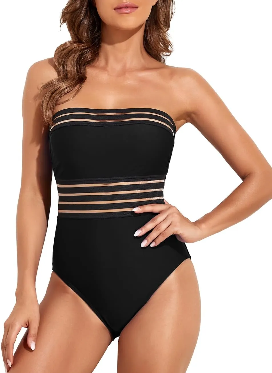 Hilor Women's Strapless One Piece Swimsuits Tummy Control Swimwear Halter Slimming Bathing Suits Monokini