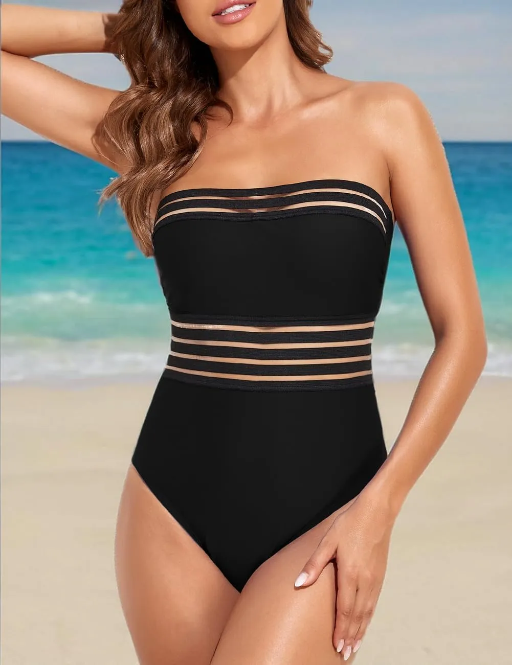 Hilor Women's Strapless One Piece Swimsuits Tummy Control Swimwear Halter Slimming Bathing Suits Monokini