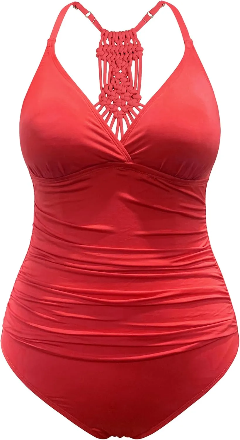 Hilor Women's Tummy Control One Piece Swimsuits Halter V Neck Push Up Slimming Bathing Suits Ruched Swimwear