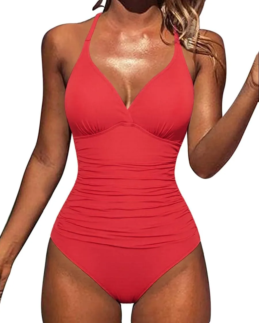 Hilor Women's Tummy Control One Piece Swimsuits Halter V Neck Push Up Slimming Bathing Suits Ruched Swimwear