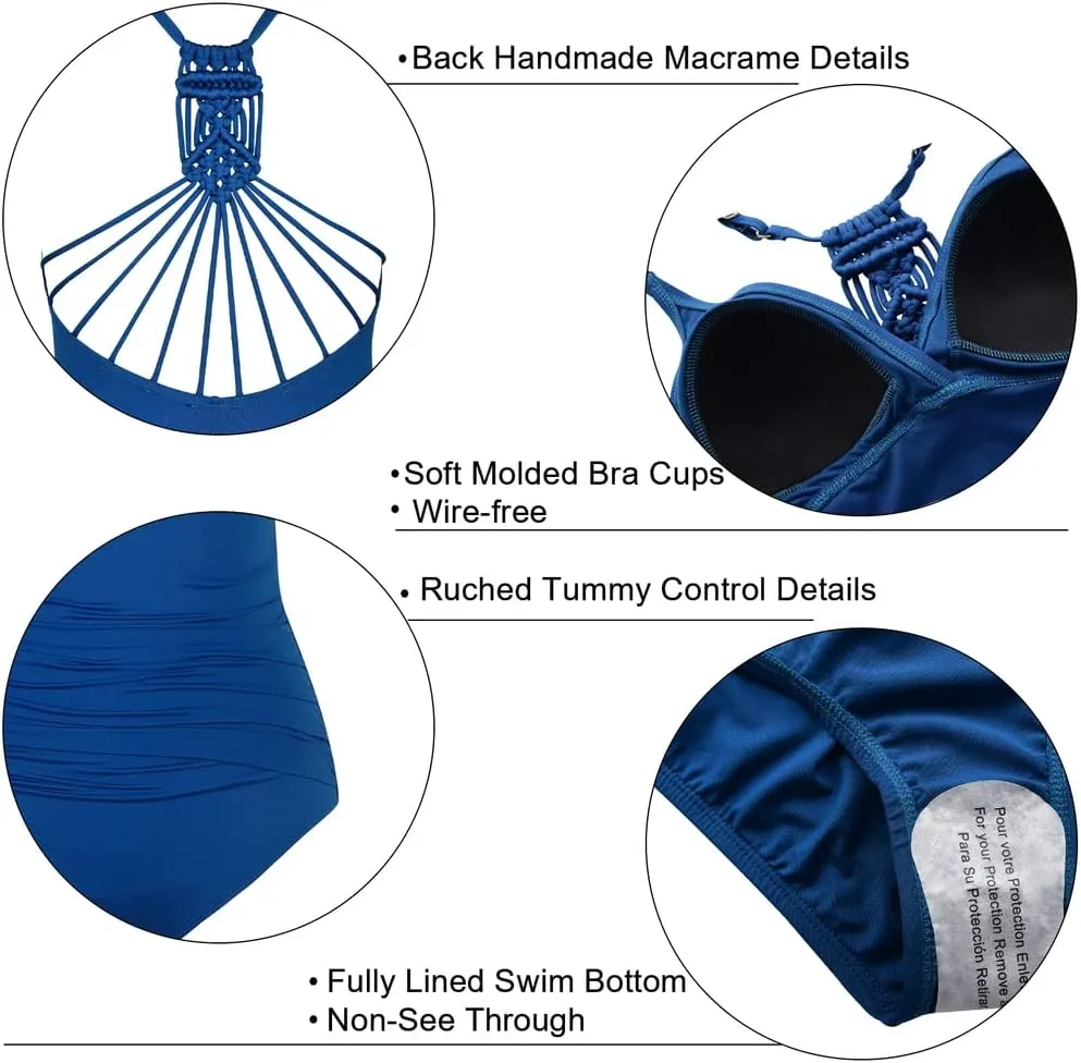 Hilor Women's Tummy Control One Piece Swimsuits Halter V Neck Push Up Slimming Bathing Suits Ruched Swimwear