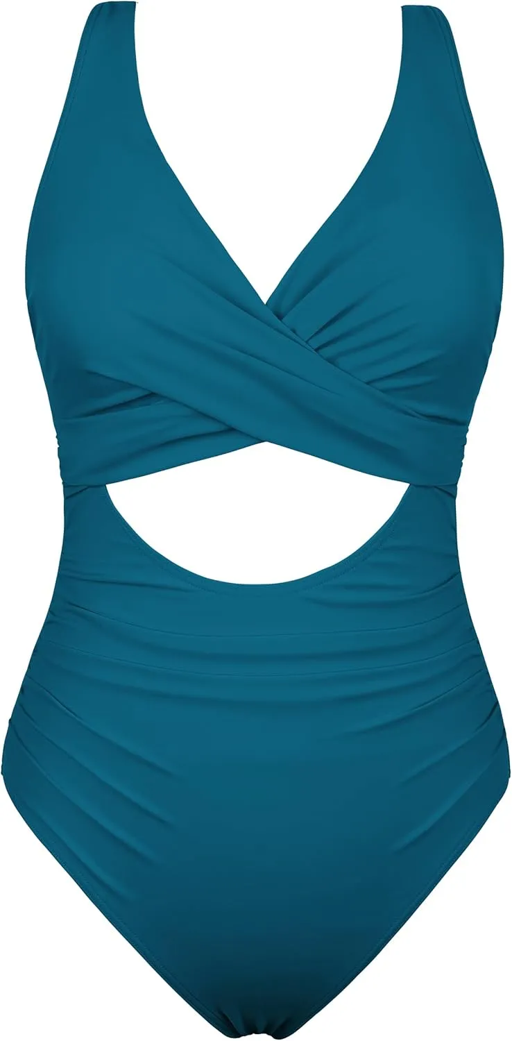 Hilor Women's Underwire One Piece Swimsuits Cross V Neck Swimwear Sexy Cut Out Bathing Suit Monokinis