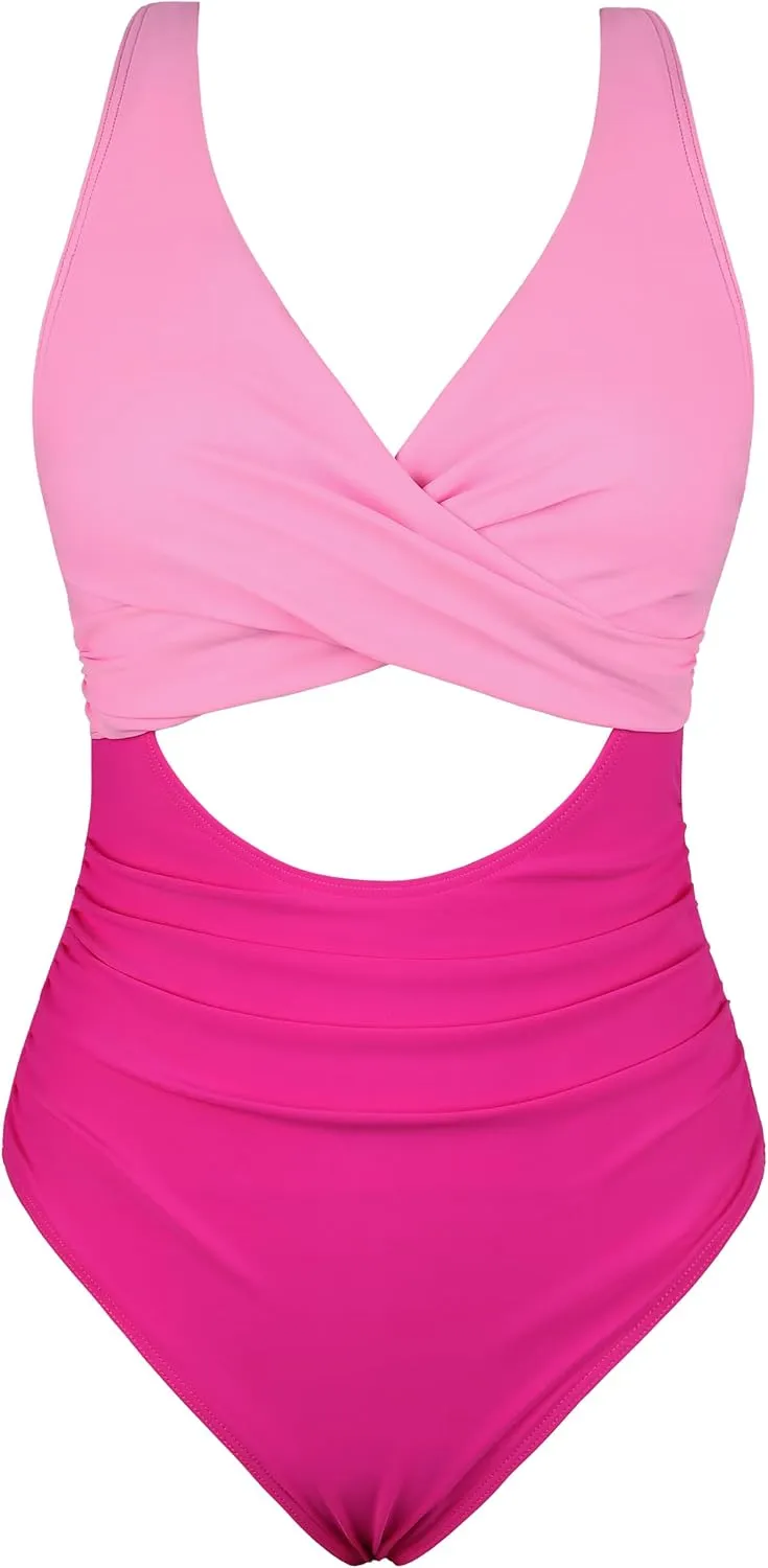 Hilor Women's Underwire One Piece Swimsuits Cross V Neck Swimwear Sexy Cut Out Bathing Suit Monokinis