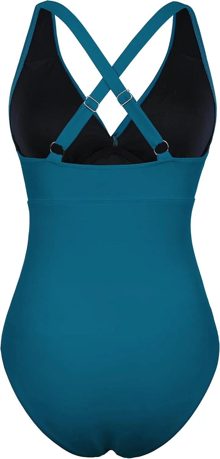 Hilor Women's Underwire One Piece Swimsuits Cross V Neck Swimwear Sexy Cut Out Bathing Suit Monokinis