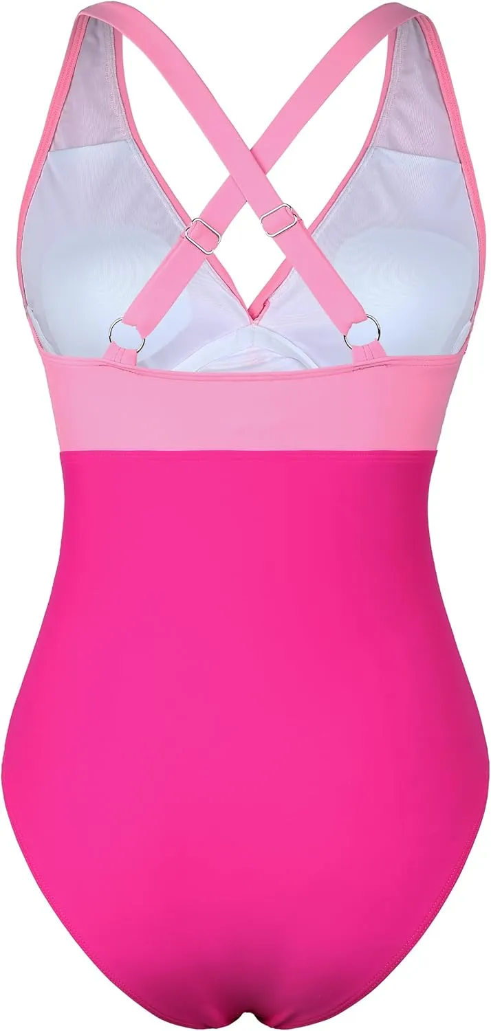 Hilor Women's Underwire One Piece Swimsuits Cross V Neck Swimwear Sexy Cut Out Bathing Suit Monokinis