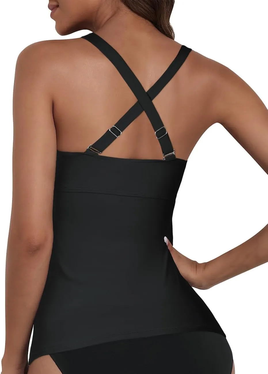 Hilor Women's Underwire Tankini Top Tummy Control Bathing Suits Sexy V Neck Crossover Swim Top Only