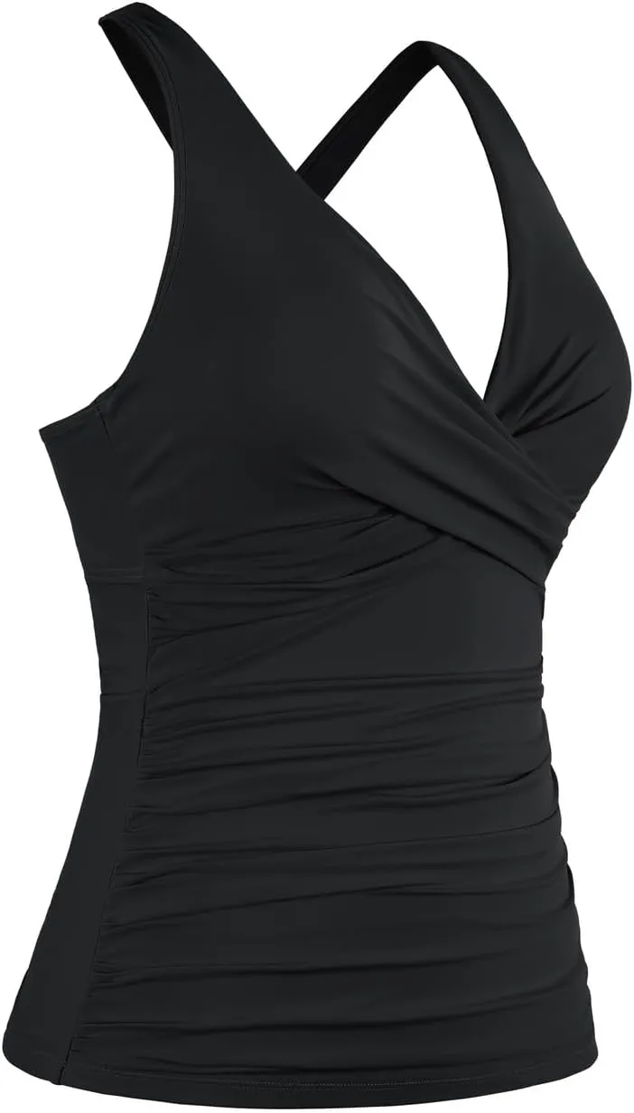 Hilor Women's Underwire Tankini Top Tummy Control Bathing Suits Sexy V Neck Crossover Swim Top Only