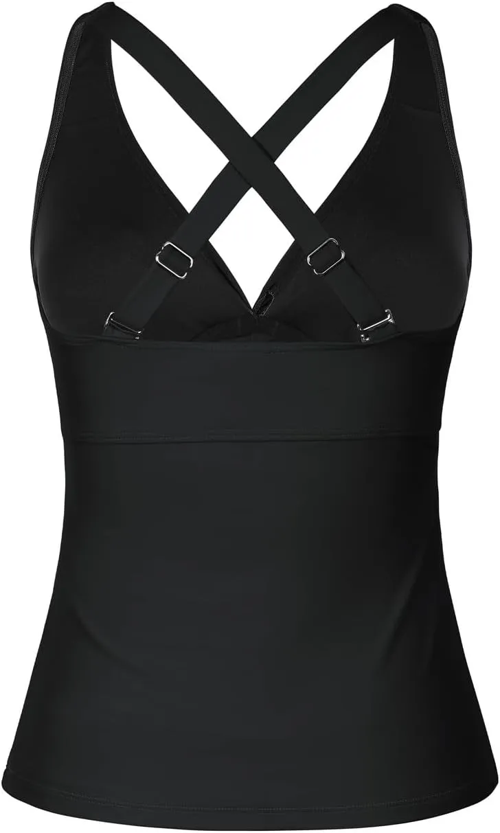 Hilor Women's Underwire Tankini Top Tummy Control Bathing Suits Sexy V Neck Crossover Swim Top Only