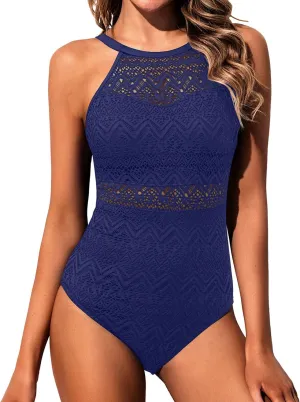 Holipick Crochet Tummy Control One Piece Swimsuit Modest Bathing Suit High Neck Full Coverage Swimwear