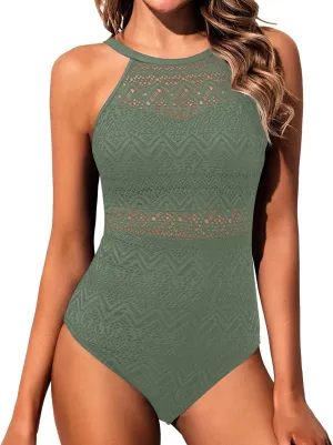 Holipick Crochet Tummy Control One Piece Swimsuit Modest Bathing Suit High Neck Full Coverage Swimwear