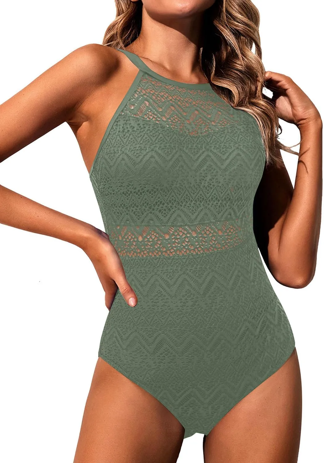 Holipick Crochet Tummy Control One Piece Swimsuit Modest Bathing Suit High Neck Full Coverage Swimwear