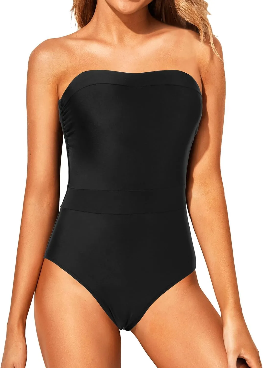 Holipick Strapless Bandeau One Piece Swimsuits Color Block for Women Full Coverage Bathing Suits Halter Swimwear
