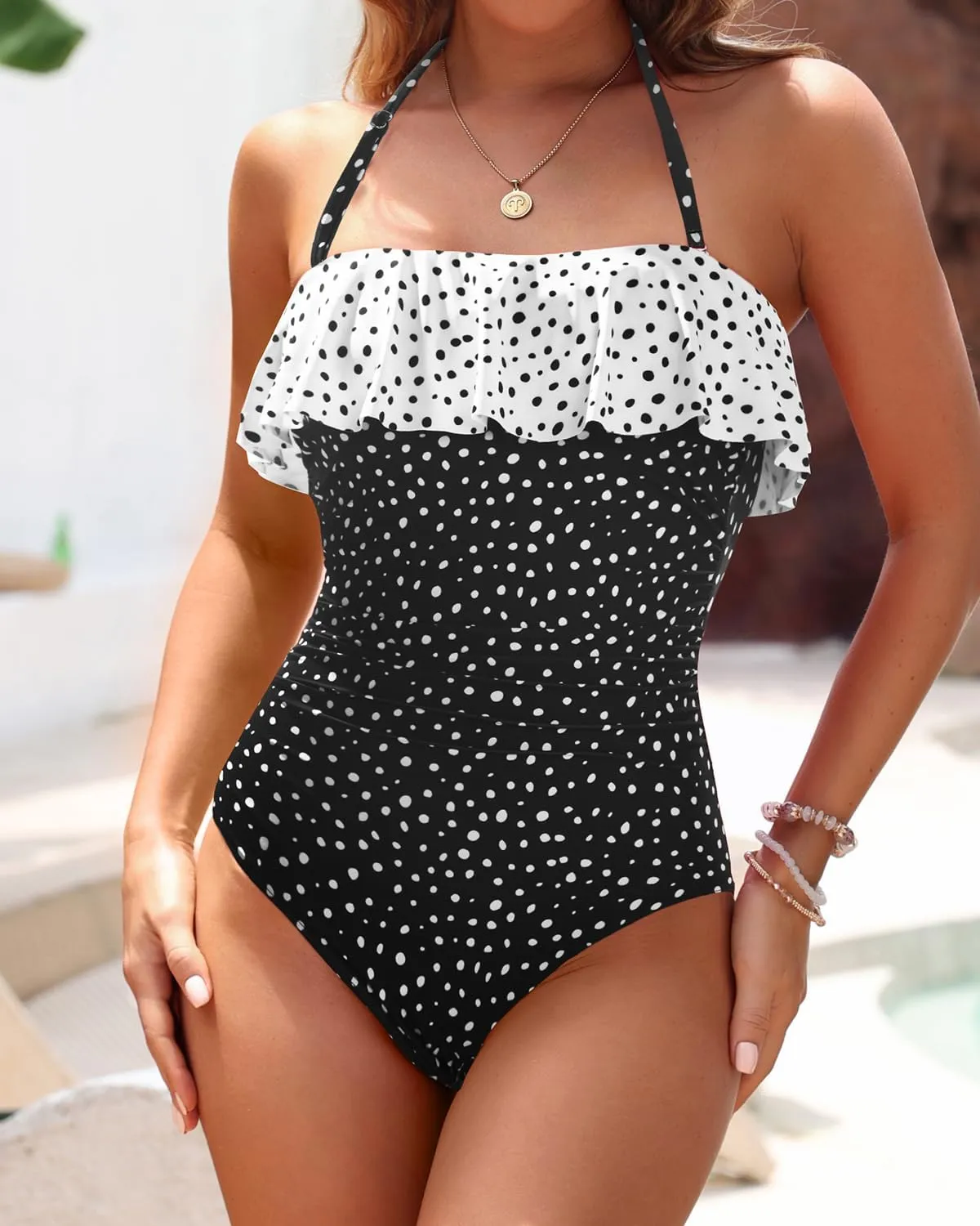 Holipick Strapless One Piece Swimsuits for Women Tummy Control Bandeau Bathing Suits Ruffle Slimming Swimwear