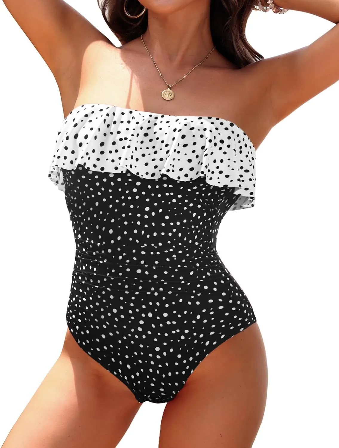 Holipick Strapless One Piece Swimsuits for Women Tummy Control Bandeau Bathing Suits Ruffle Slimming Swimwear