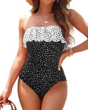 Holipick Strapless One Piece Swimsuits for Women Tummy Control Bandeau Bathing Suits Ruffle Slimming Swimwear