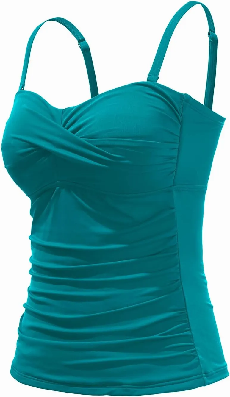 Holipick Tankini Top for Women Twist Front Bandeau Swimsuit Tummy Control Bathing Suit Top Only No Bottom