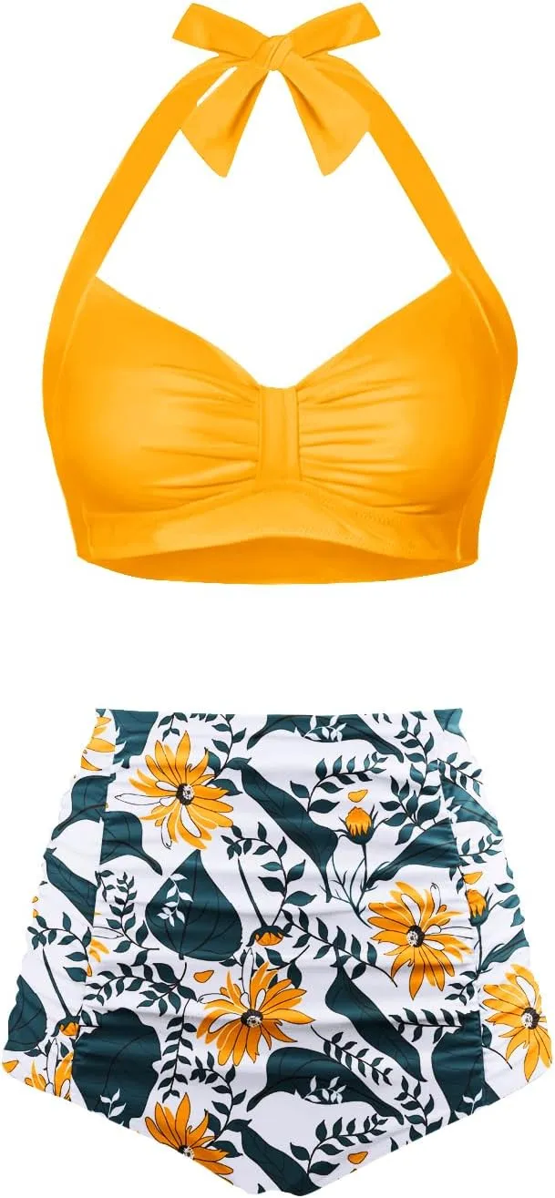 Holipick Women High Waisted Bikini Set Two Piece Swimsuit Tummy Control Bathing Suit Vintage Halter Swimwear
