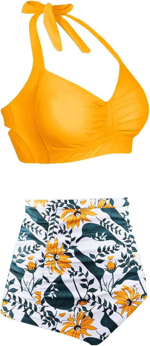 Holipick Women High Waisted Bikini Set Two Piece Swimsuit Tummy Control Bathing Suit Vintage Halter Swimwear