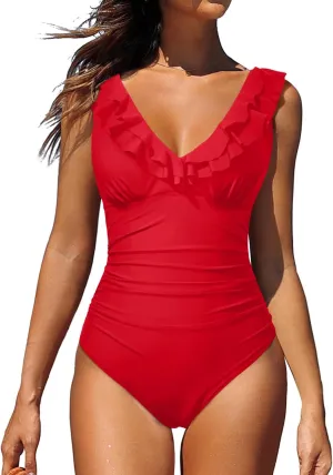Holipick Women One Piece Swimsuits Tummy Control Bathing Suit Ruffle V Neck Swimwear Slimming Monokini
