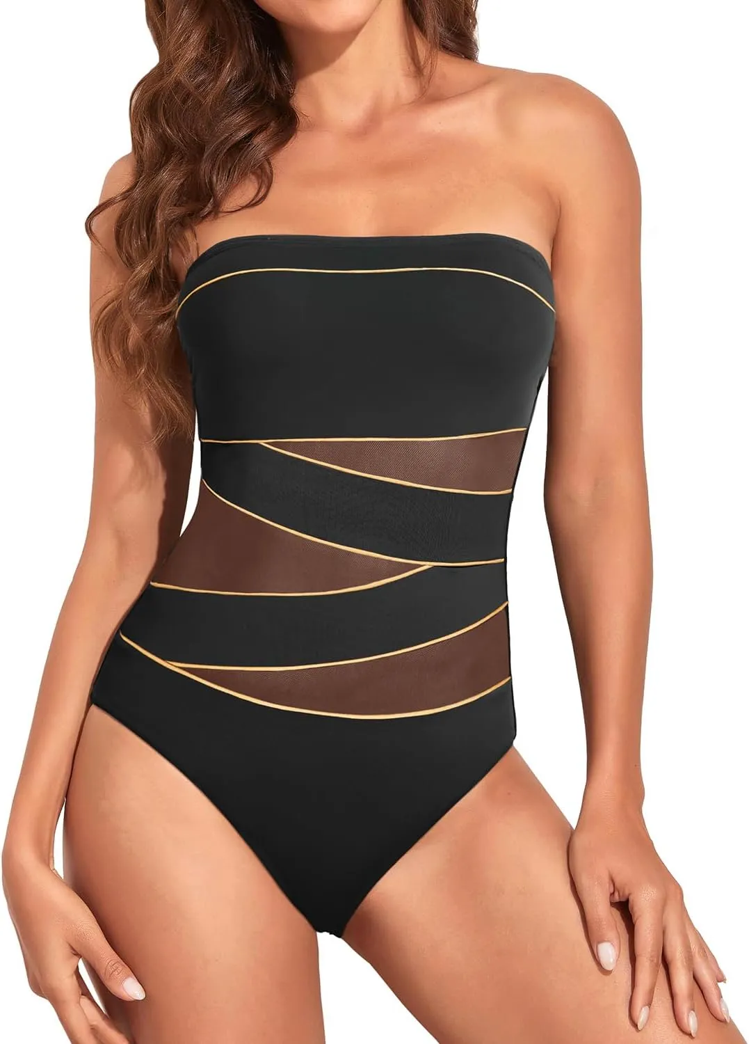 Holipick Women Strapless Bandeau One Piece Swimsuits Sexy Mesh Cutout Bathing Suits Tummy Control Swimwear