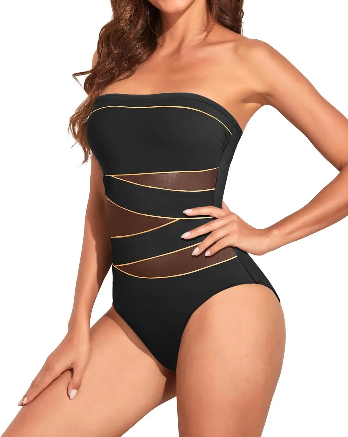 Holipick Women Strapless Bandeau One Piece Swimsuits Sexy Mesh Cutout Bathing Suits Tummy Control Swimwear