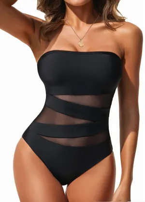Holipick Women Strapless Bandeau One Piece Swimsuits Sexy Mesh Cutout Bathing Suits Tummy Control Swimwear