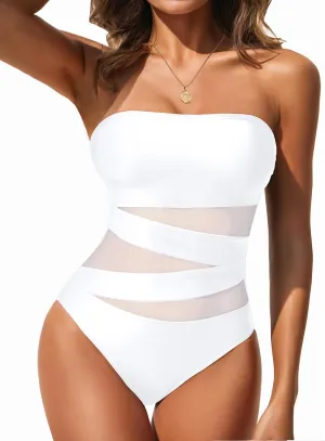 Holipick Women Strapless Bandeau One Piece Swimsuits Sexy Mesh Cutout Bathing Suits Tummy Control Swimwear