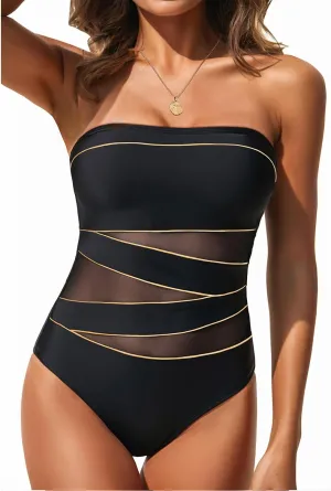 Holipick Women Strapless Bandeau One Piece Swimsuits Sexy Mesh Cutout Bathing Suits Tummy Control Swimwear