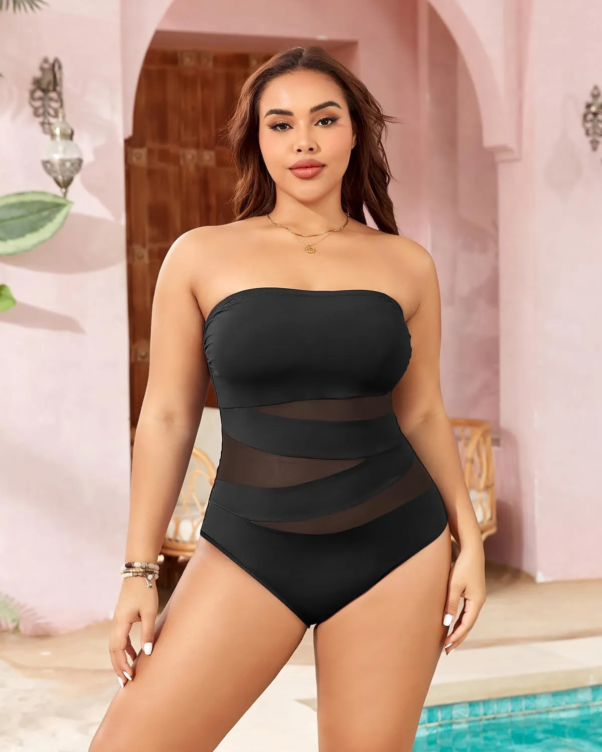 Holipick Women Strapless Bandeau One Piece Swimsuits Sexy Mesh Cutout Bathing Suits Tummy Control Swimwear