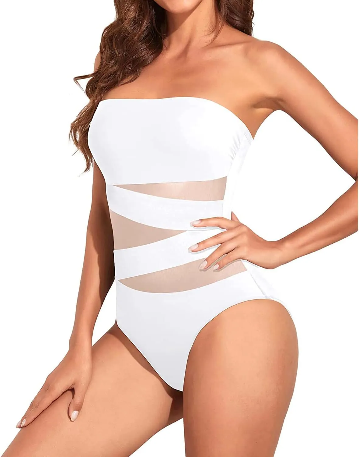 Holipick Women Strapless Bandeau One Piece Swimsuits Sexy Mesh Cutout Bathing Suits Tummy Control Swimwear