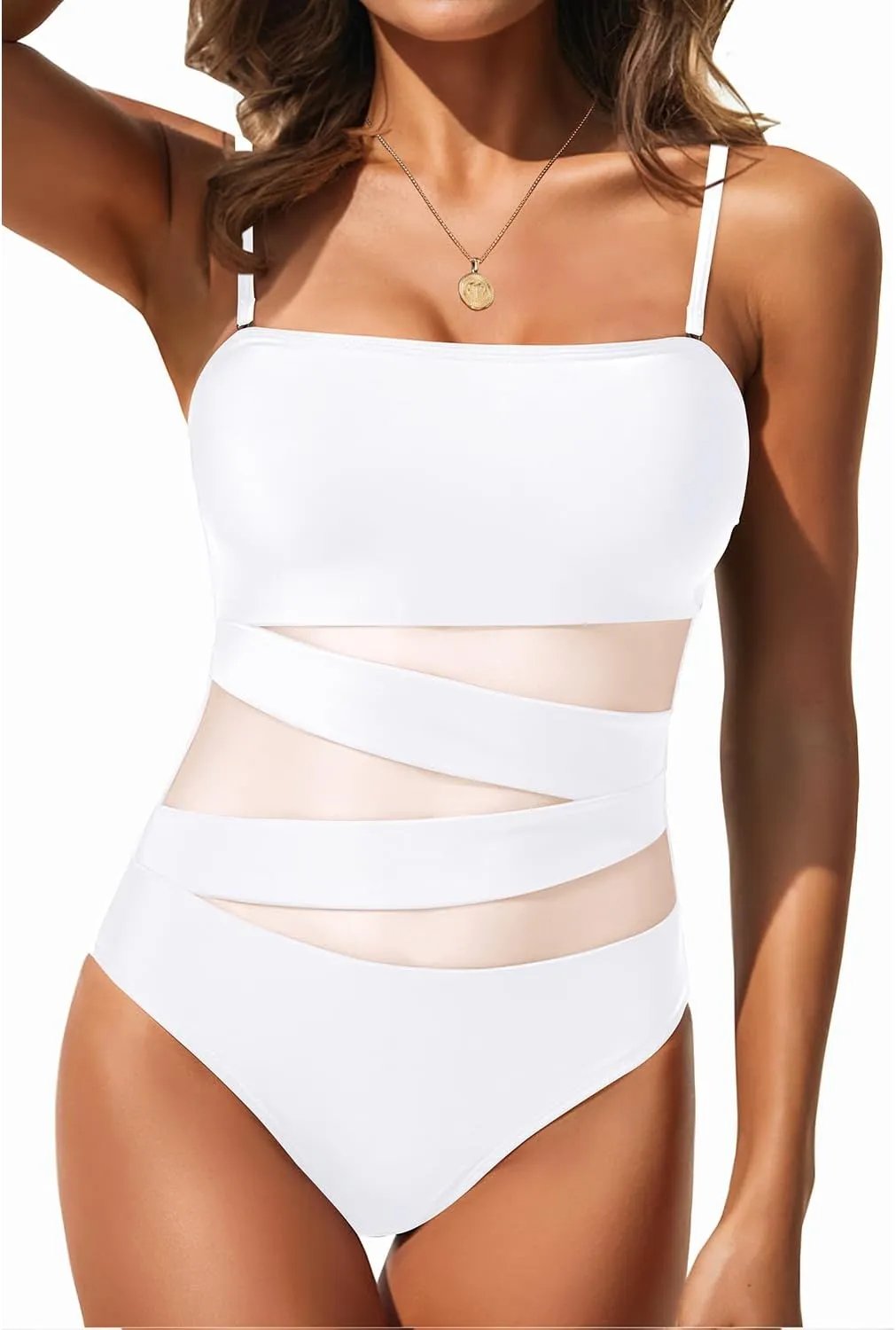 Holipick Women Strapless Bandeau One Piece Swimsuits Sexy Mesh Cutout Bathing Suits Tummy Control Swimwear