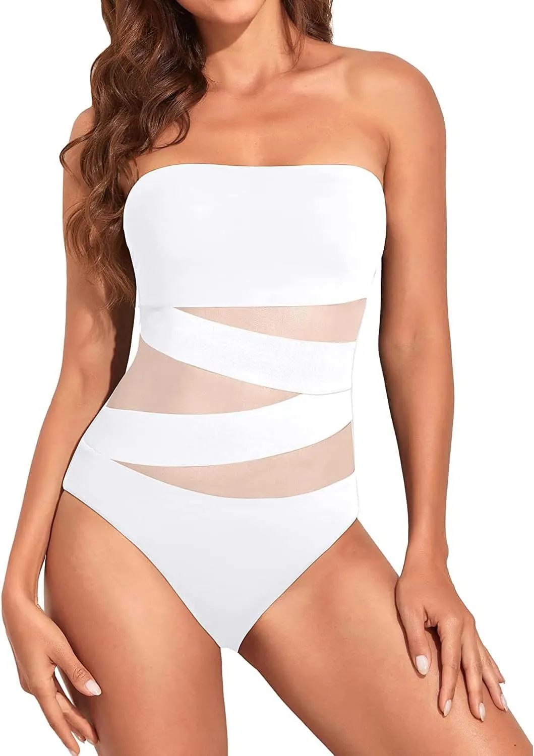 Holipick Women Strapless Bandeau One Piece Swimsuits Sexy Mesh Cutout Bathing Suits Tummy Control Swimwear