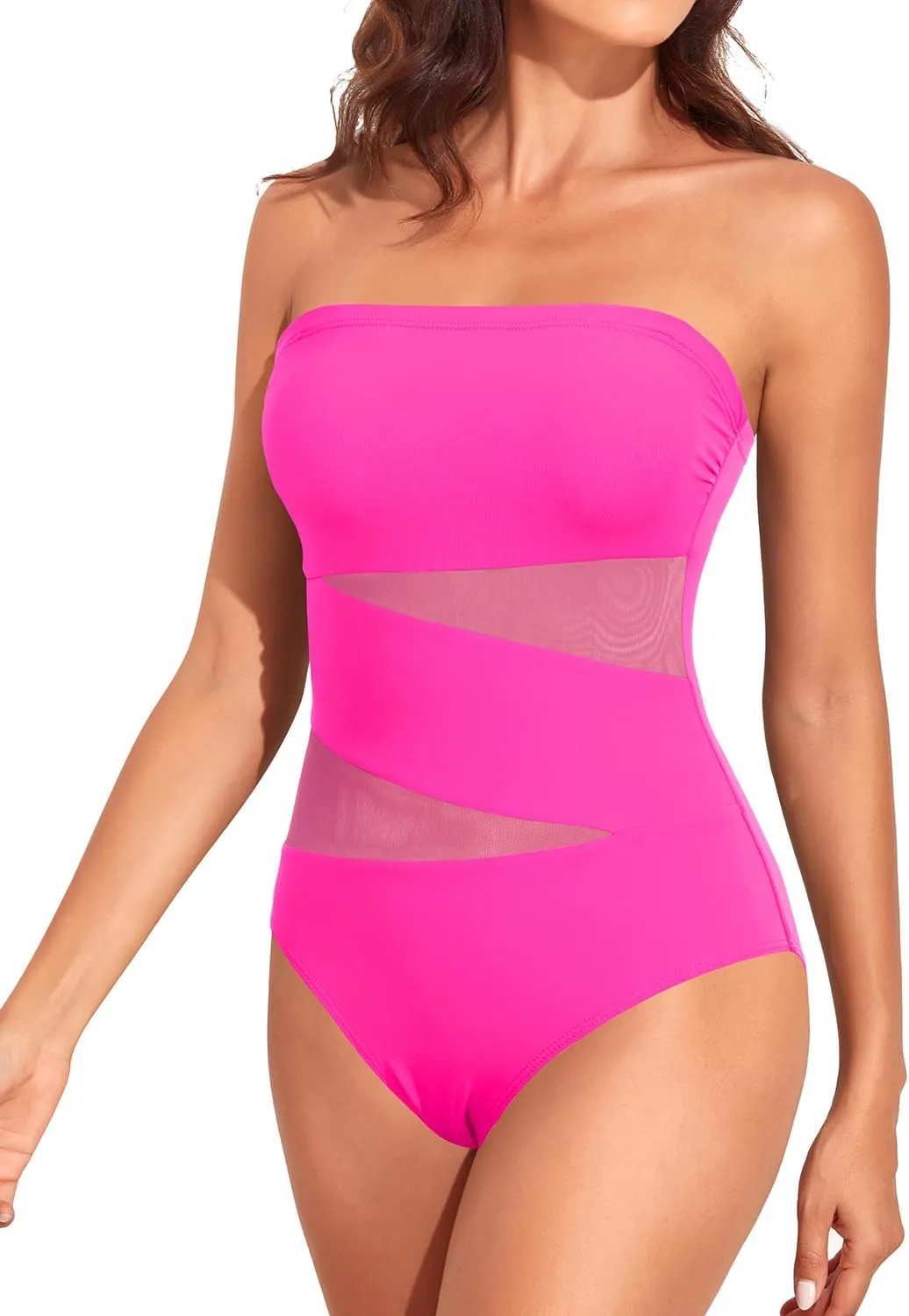 Holipick Women Strapless One Piece Swimsuit Tummy Control Bandeau Bathing Suit Mesh Cutout Swimwear