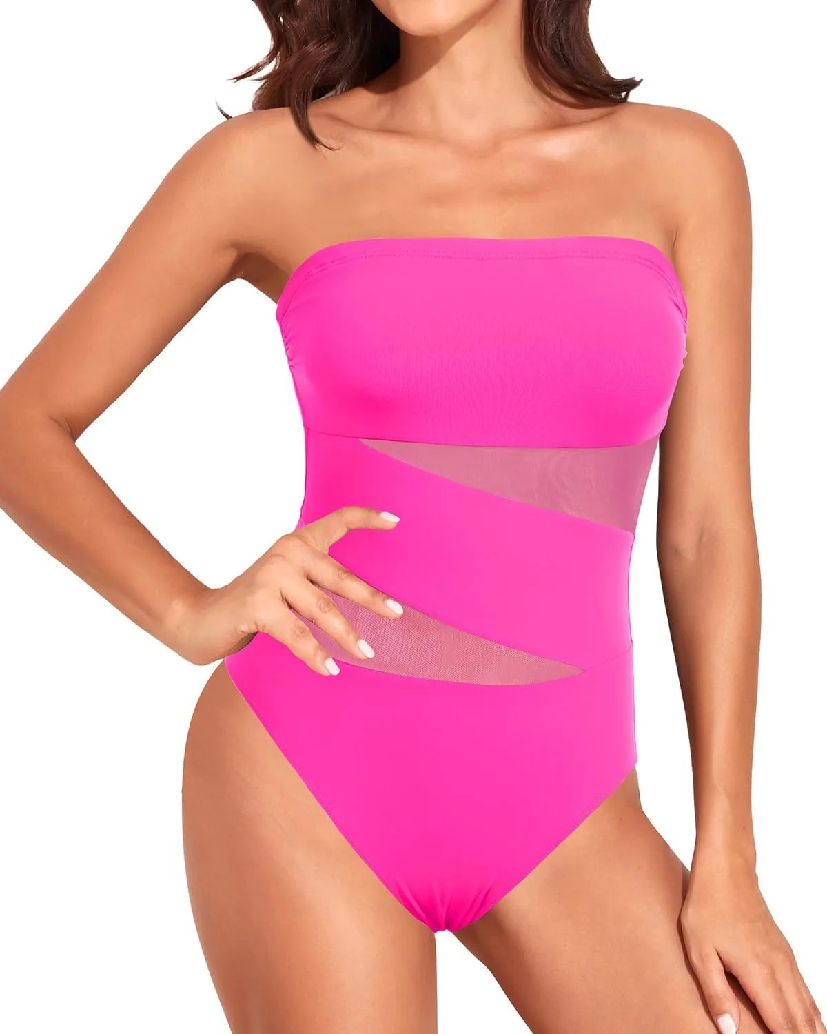 Holipick Women Strapless One Piece Swimsuit Tummy Control Bandeau Bathing Suit Mesh Cutout Swimwear