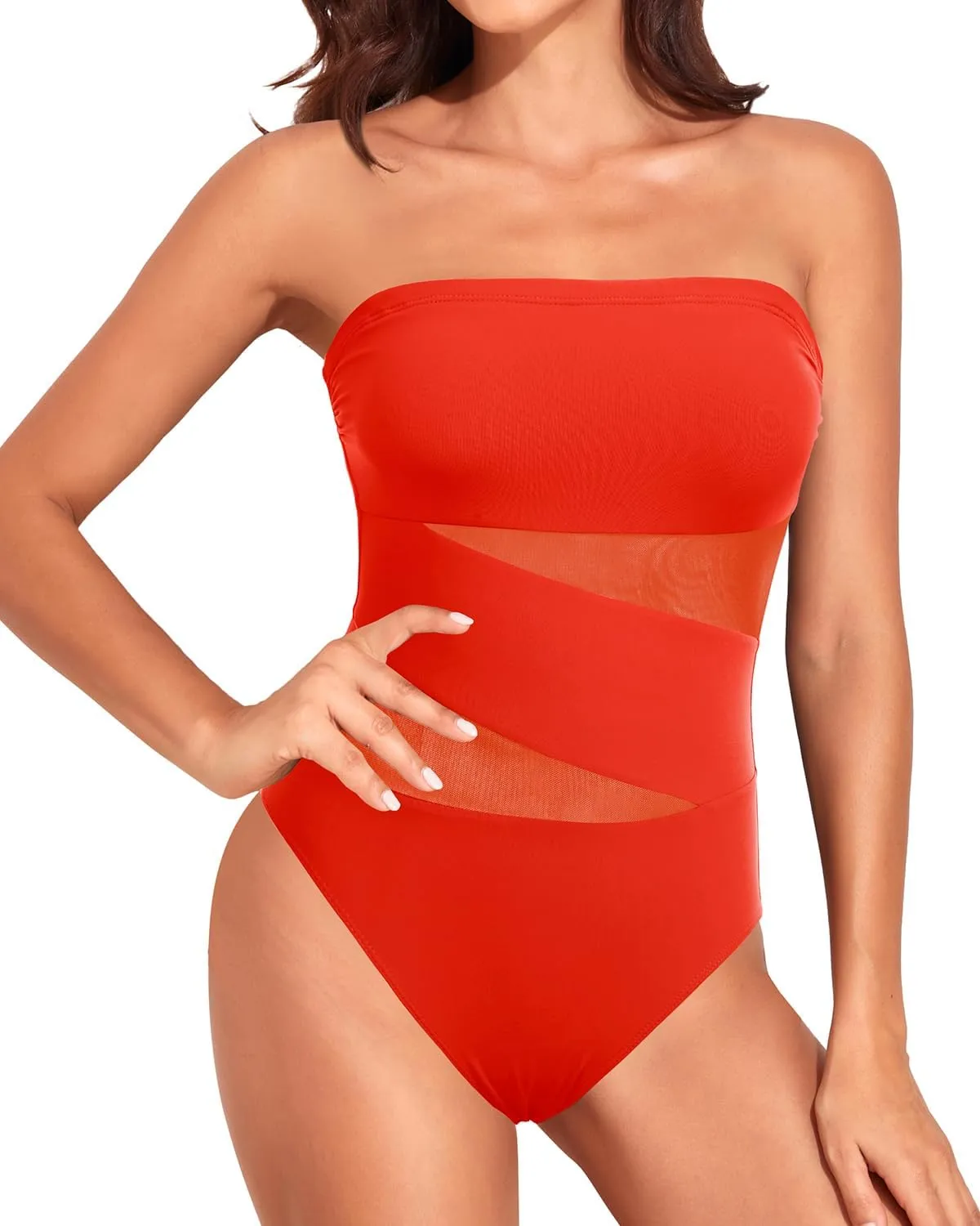 Holipick Women Strapless One Piece Swimsuit Tummy Control Bandeau Bathing Suit Mesh Cutout Swimwear