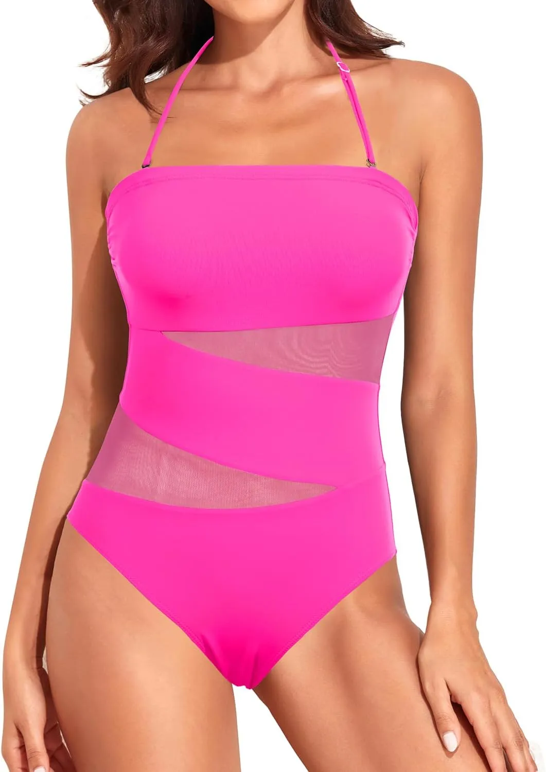 Holipick Women Strapless One Piece Swimsuit Tummy Control Bandeau Bathing Suit Mesh Cutout Swimwear
