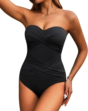 Holipick Women Strapless One Piece Swimsuits Tummy Control Bandeau Bathing Suits Retro Slimming Swimwear