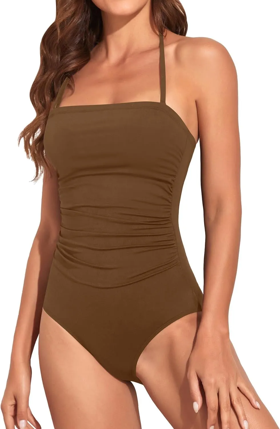 Holipick Women Tummy Control One Piece Swimsuits Strapless Bandeau Bathing Suits Slimming Halter Swimwear