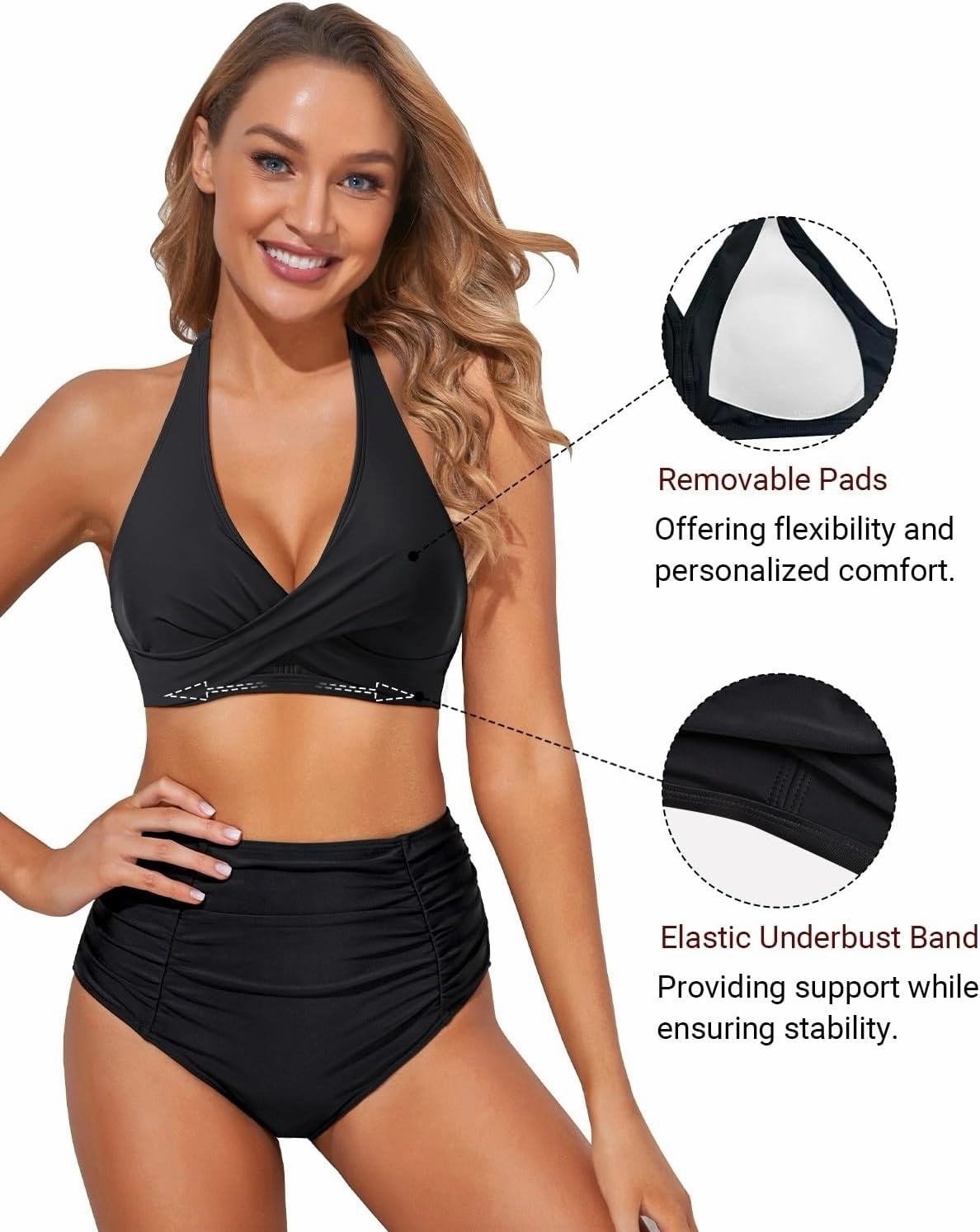 Holipick Women Halter Bikini Tops Push Up Bathing Suit Top V Neck Full Coverage Swimsuit Top Only